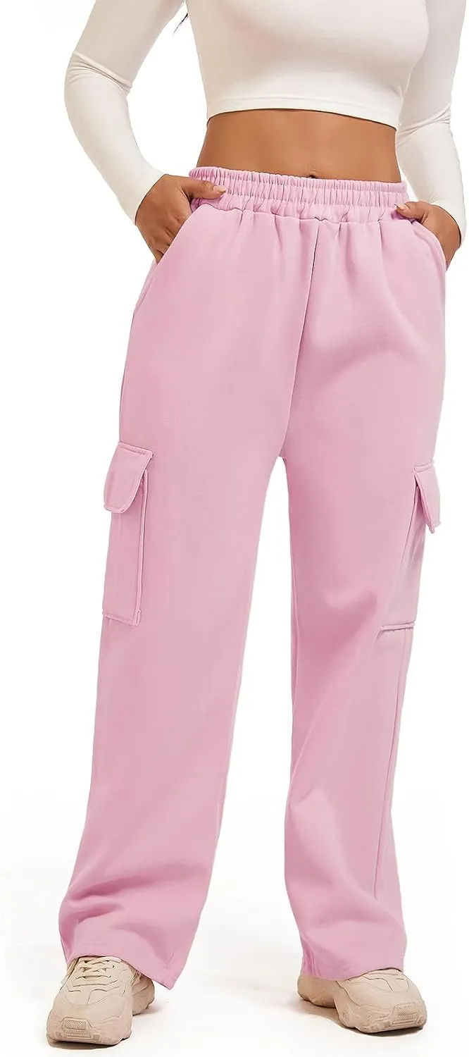 Wide Leg Cargo Sweatpants for Women High Waisted Baggy Fleece Joggers Casual Athletic Sweats Pants with Pockets