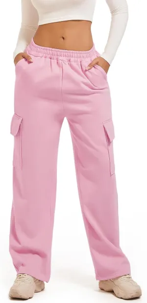 Wide Leg Cargo Sweatpants for Women High Waisted Baggy Fleece Joggers Casual Athletic Sweats Pants with Pockets
