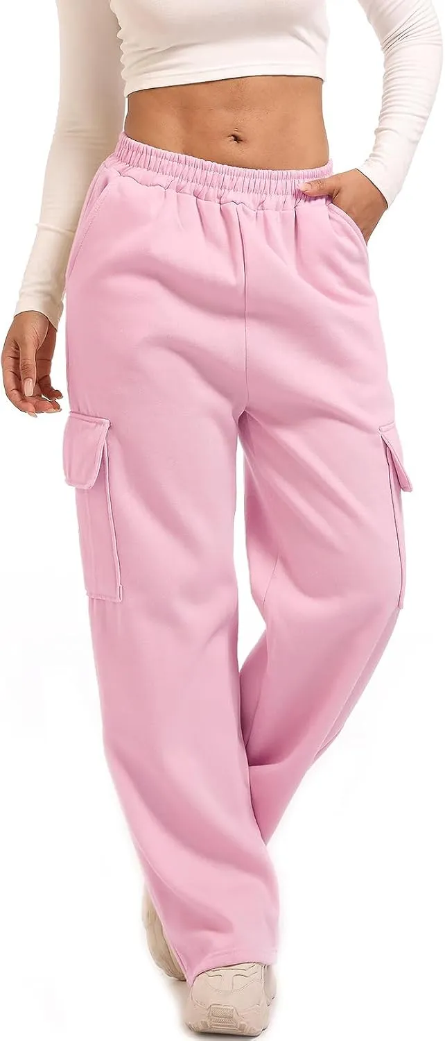 Wide Leg Cargo Sweatpants for Women High Waisted Baggy Fleece Joggers Casual Athletic Sweats Pants with Pockets