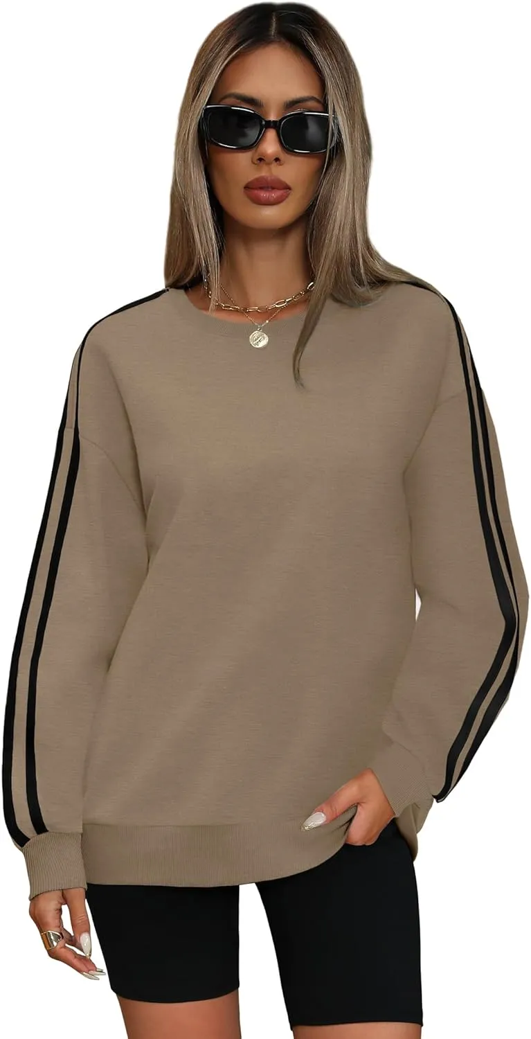WIHOLL Womens Sweatshirts Oversized Long Sleeve Pullover Striped Shirts Crewneck Fall Outfits Y2K Preppy Clothes