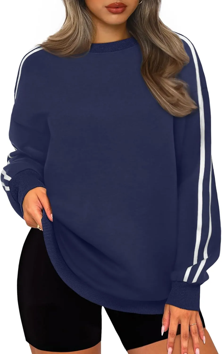 WIHOLL Womens Sweatshirts Oversized Long Sleeve Pullover Striped Shirts Crewneck Fall Outfits Y2K Preppy Clothes