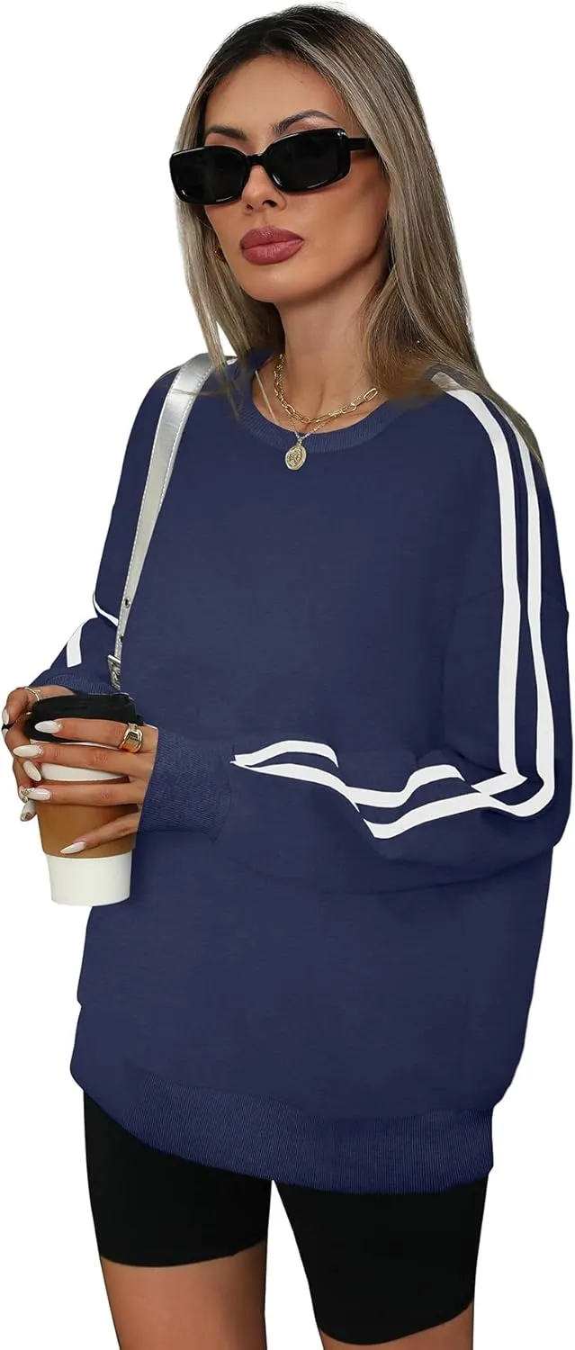 WIHOLL Womens Sweatshirts Oversized Long Sleeve Pullover Striped Shirts Crewneck Fall Outfits Y2K Preppy Clothes