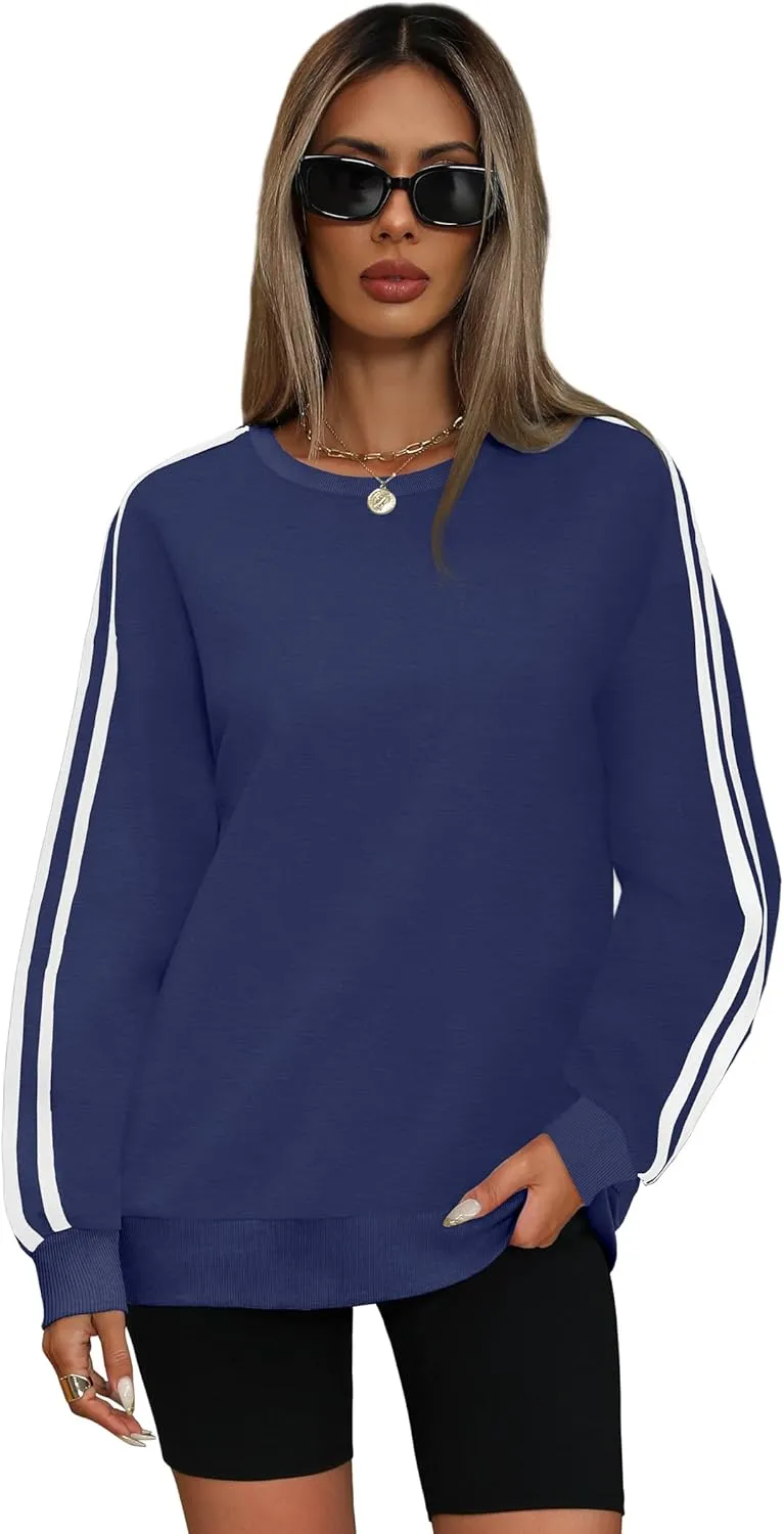 WIHOLL Womens Sweatshirts Oversized Long Sleeve Pullover Striped Shirts Crewneck Fall Outfits Y2K Preppy Clothes