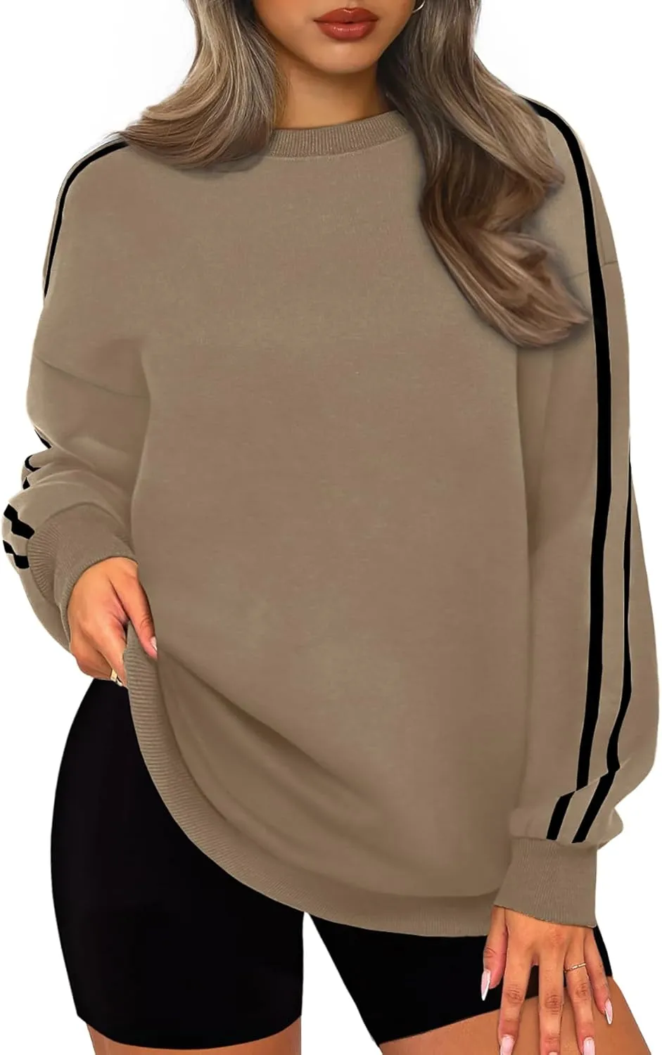 WIHOLL Womens Sweatshirts Oversized Long Sleeve Pullover Striped Shirts Crewneck Fall Outfits Y2K Preppy Clothes