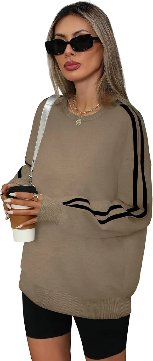 WIHOLL Womens Sweatshirts Oversized Long Sleeve Pullover Striped Shirts Crewneck Fall Outfits Y2K Preppy Clothes