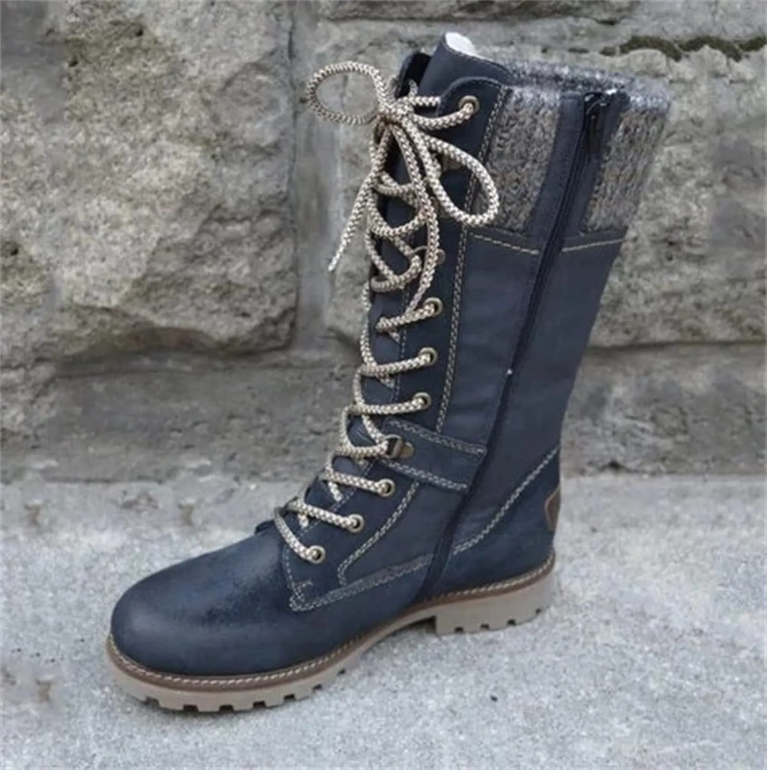 Winter Boots For Women 2022 Trendy Lace up Mid Calf Combat Riding Military Boots Closed Toe Side Zipper Platform Booties