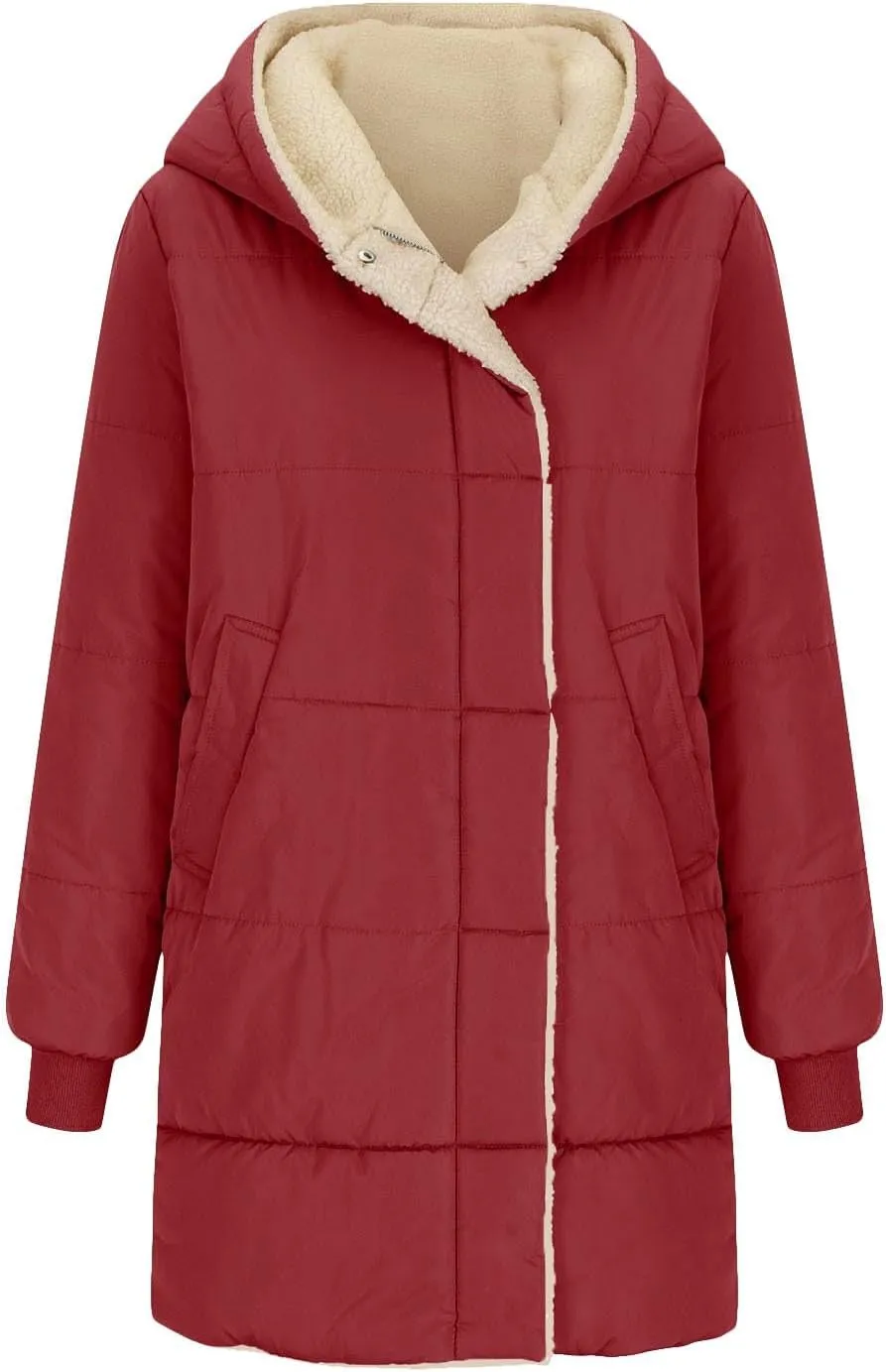 Women 2024 Winter Sherpa Lined Long Hooded Jackets Long Sleeve Button Down Shearling Fluffy Coats Trendy Outerwear