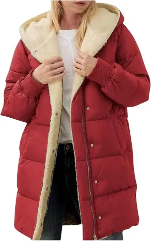 Women 2024 Winter Sherpa Lined Long Hooded Jackets Long Sleeve Button Down Shearling Fluffy Coats Trendy Outerwear