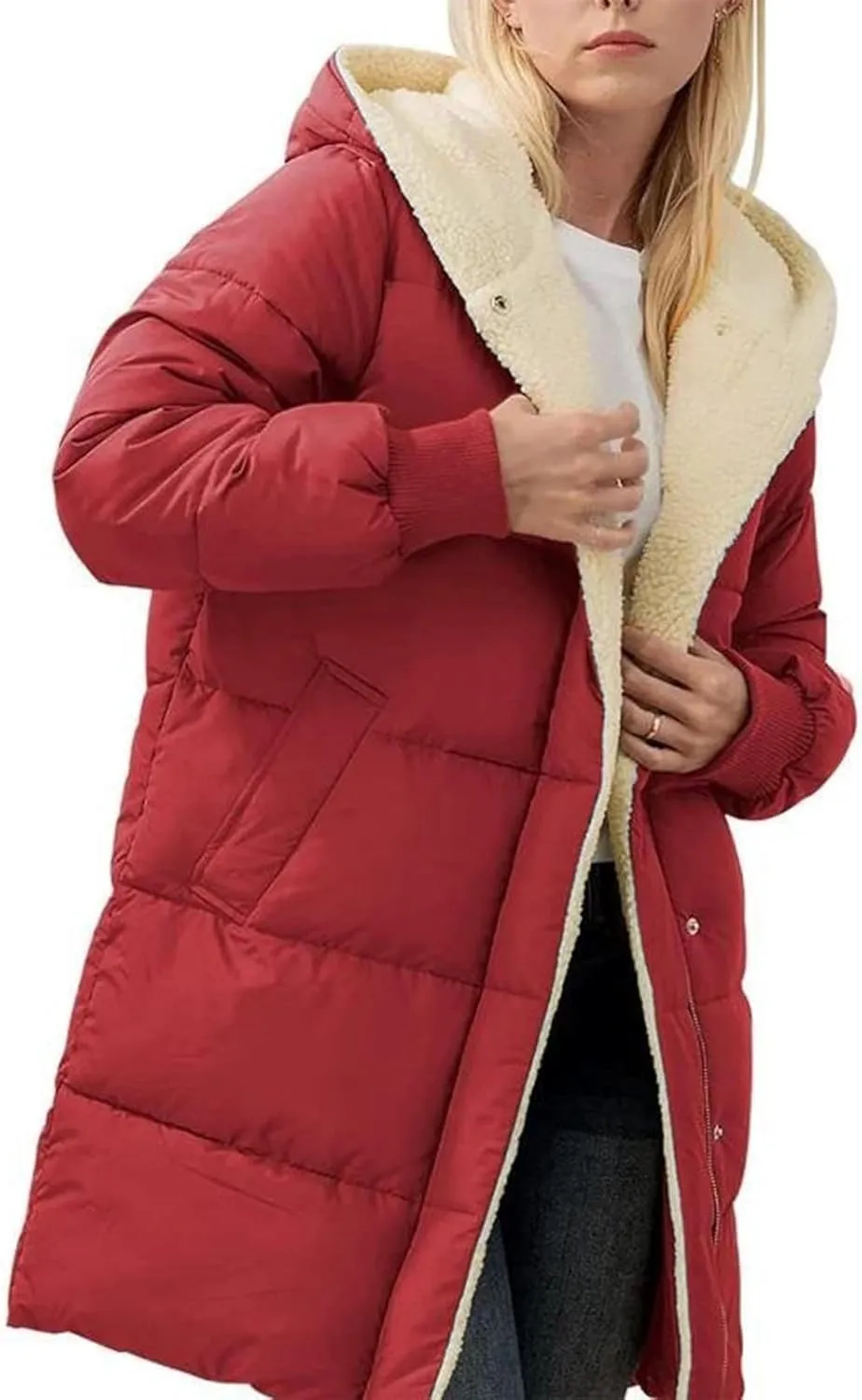 Women 2024 Winter Sherpa Lined Long Hooded Jackets Long Sleeve Button Down Shearling Fluffy Coats Trendy Outerwear