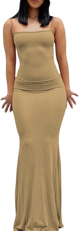Women Bodycon Maxi Dress Sexy Spaghetti Strap Low Cut Long Tight Dress Slim Fit Party Club Night Cami Long Dresses