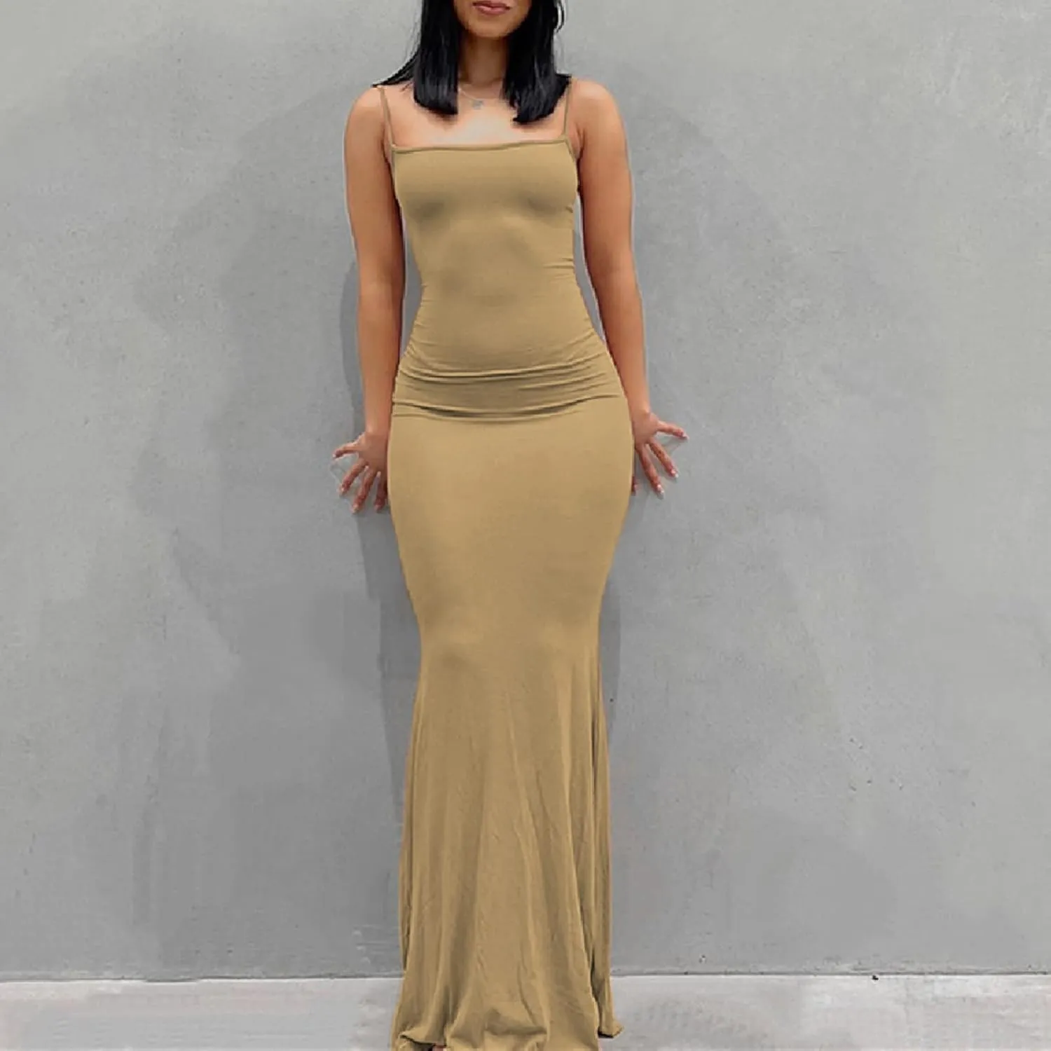 Women Bodycon Maxi Dress Sexy Spaghetti Strap Low Cut Long Tight Dress Slim Fit Party Club Night Cami Long Dresses