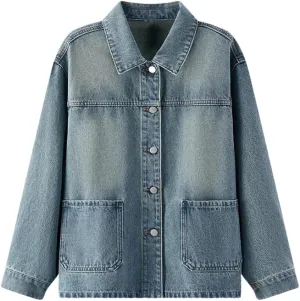 Women Denim Jacket Turn-Down Collar Drop-Shoulder Top Casual Spring Loose Jacket