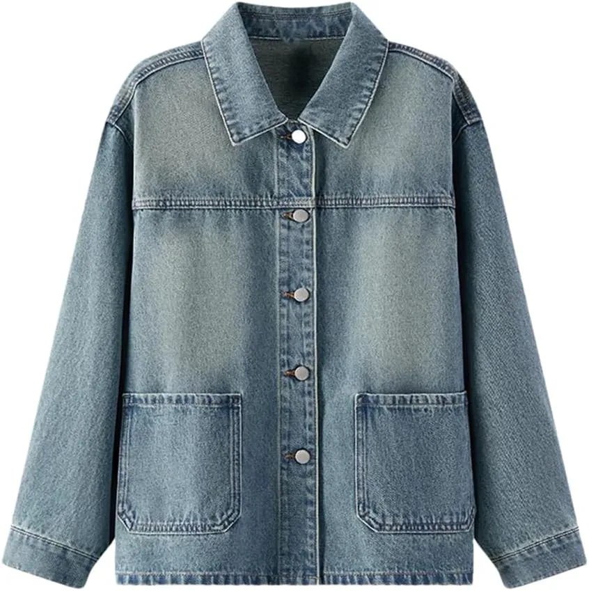 Women Denim Jacket Turn-Down Collar Drop-Shoulder Top Casual Spring Loose Jacket