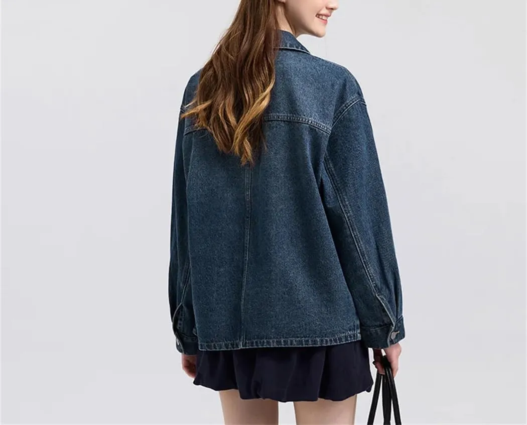 Women Denim Jacket Turn-Down Collar Drop-Shoulder Top Casual Spring Loose Jacket
