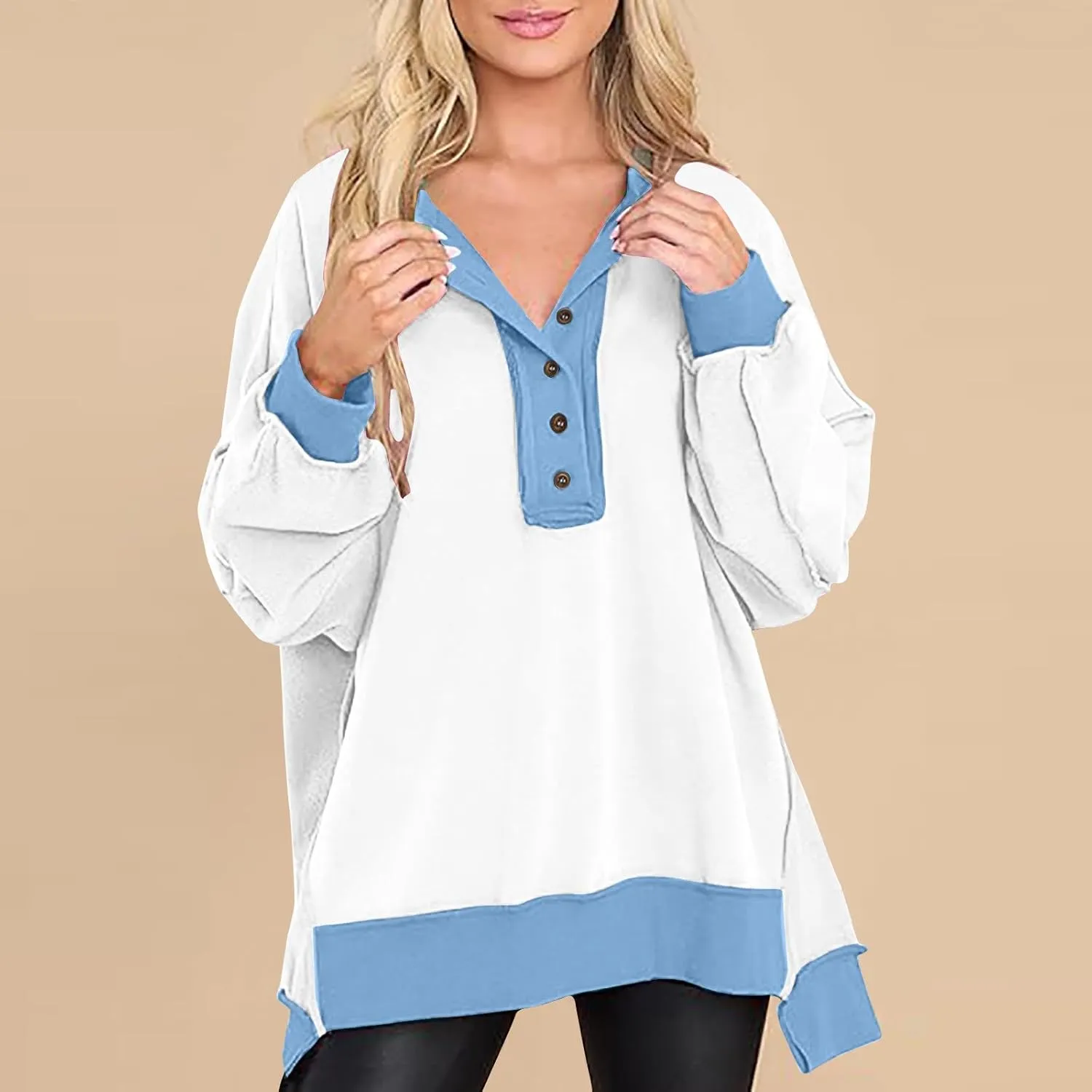 Women Fashion Oversized Long Sleeve Splicing Pullover Plain Color Tops Lightweight Sweatshirts Loose Fit Ribbed Top