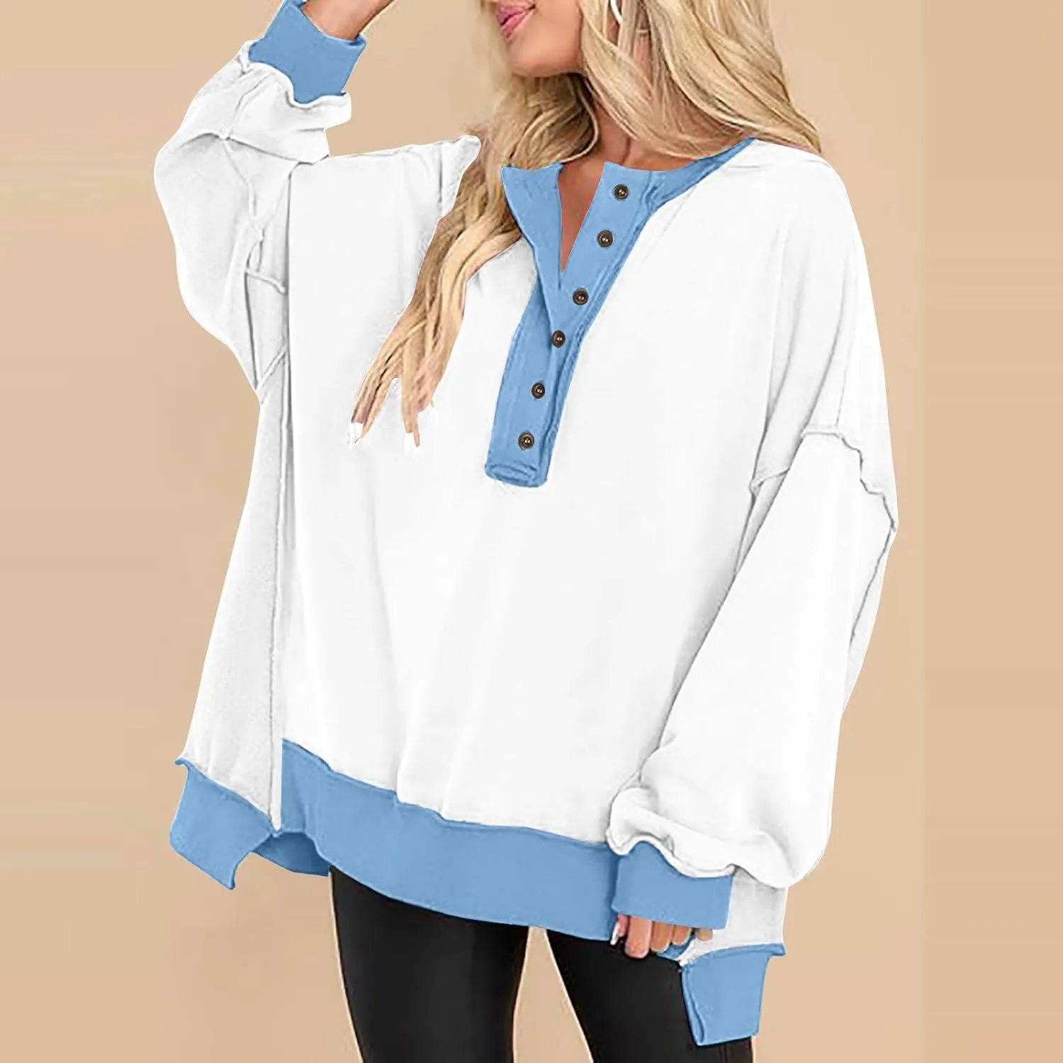 Women Fashion Oversized Long Sleeve Splicing Pullover Plain Color Tops Lightweight Sweatshirts Loose Fit Ribbed Top