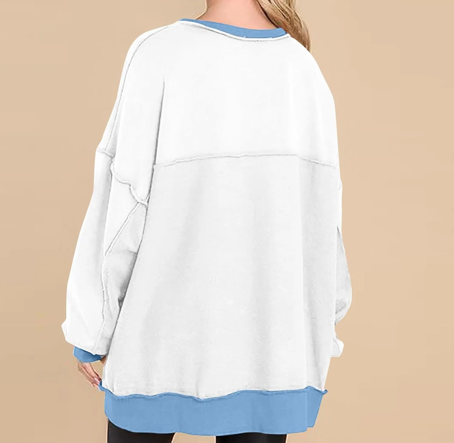 Women Fashion Oversized Long Sleeve Splicing Pullover Plain Color Tops Lightweight Sweatshirts Loose Fit Ribbed Top
