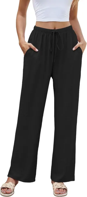 Women High Waist Casual Pants Elastic Wide Leg Summer Beach Palazzo Trousers with Pockets Lightweight Comfy