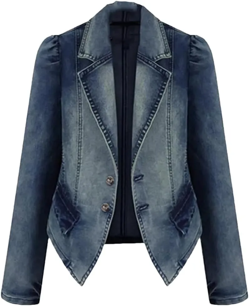 Women Hole Pocket Button Denim Jacket Patchwork Turn-Down Collar Autumn Winter Fashion Outwear