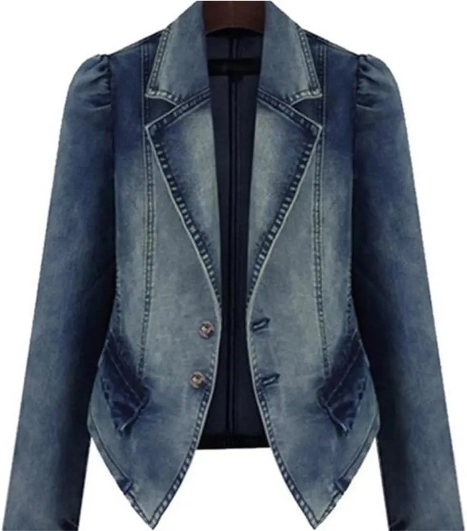 Women Hole Pocket Button Denim Jacket Patchwork Turn-Down Collar Autumn Winter Fashion Outwear