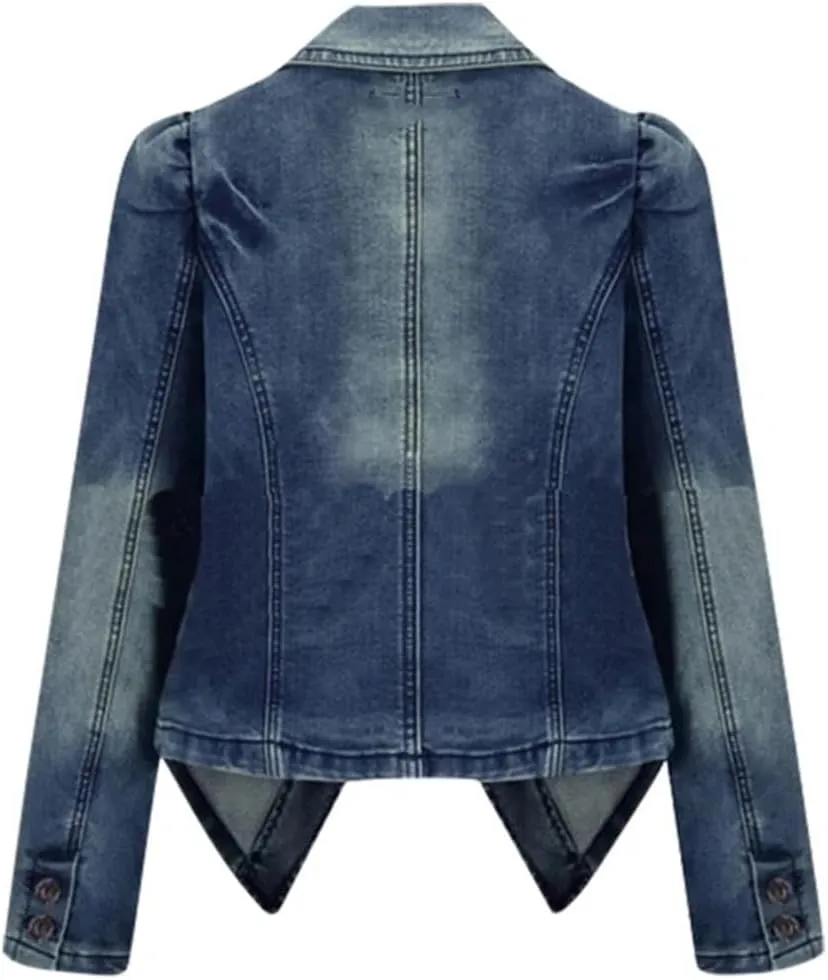 Women Hole Pocket Button Denim Jacket Patchwork Turn-Down Collar Autumn Winter Fashion Outwear