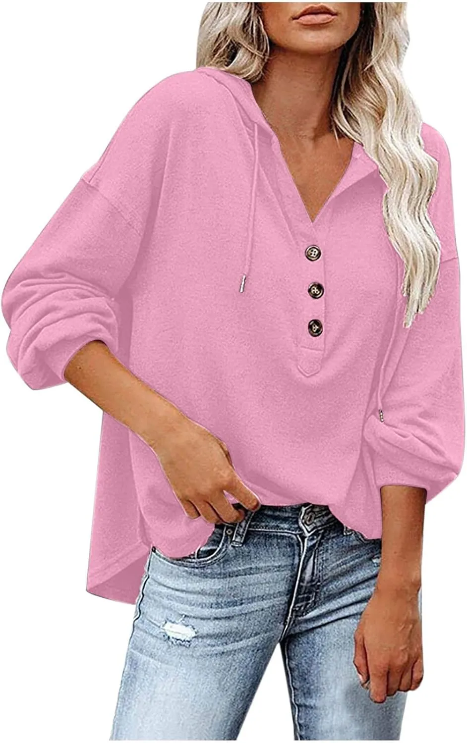 Women Hoodies Long Sleeve Pullover Button V Neck Sweatshirts Solid Color Business Casual Elegant Spring Fall Top