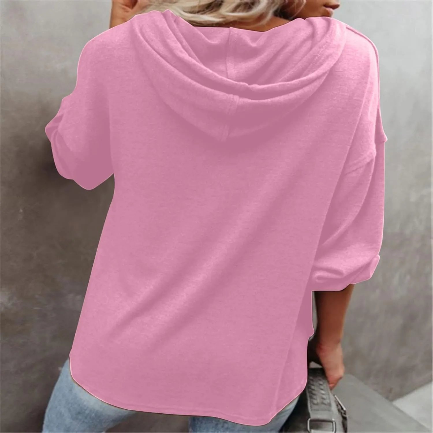 Women Hoodies Long Sleeve Pullover Button V Neck Sweatshirts Solid Color Business Casual Elegant Spring Fall Top