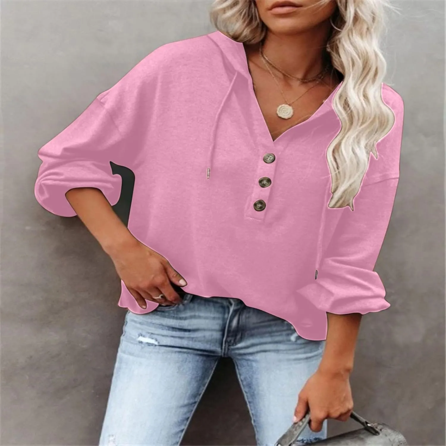 Women Hoodies Long Sleeve Pullover Button V Neck Sweatshirts Solid Color Business Casual Elegant Spring Fall Top