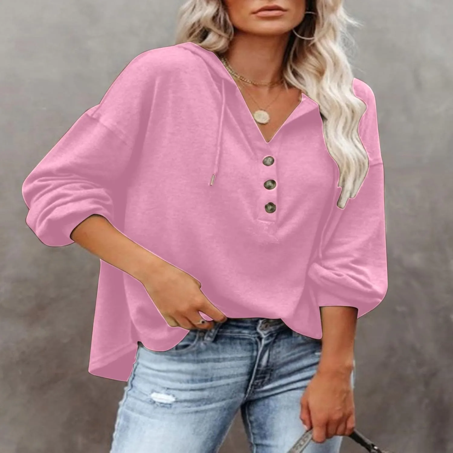 Women Hoodies Long Sleeve Pullover Button V Neck Sweatshirts Solid Color Business Casual Elegant Spring Fall Top