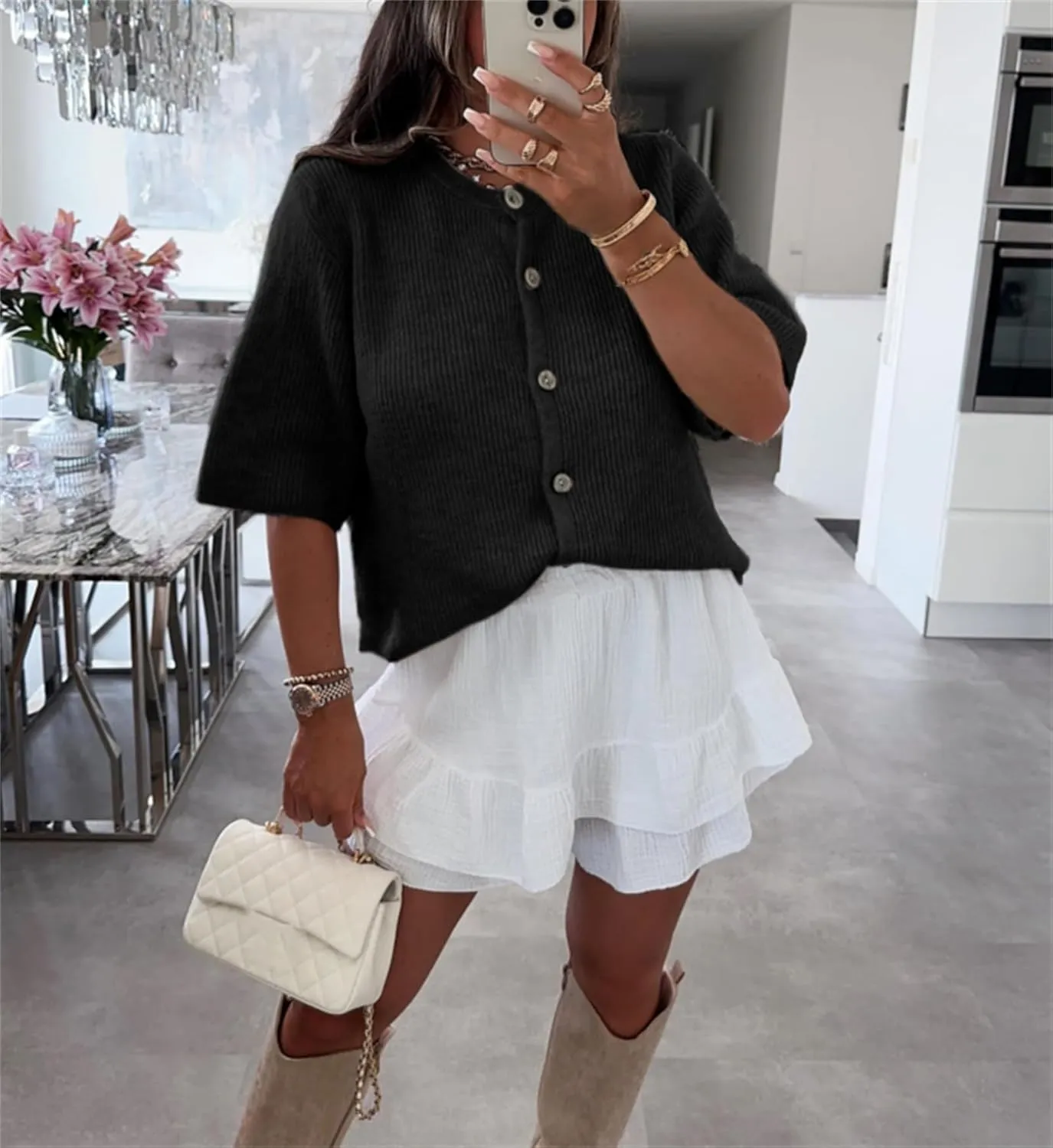 Women Knitted Crop Cardigan Shirt Short Sleeve Button Down Ribbed Knit Crop Top Y2k Girls Outwear Top Tee Shirt