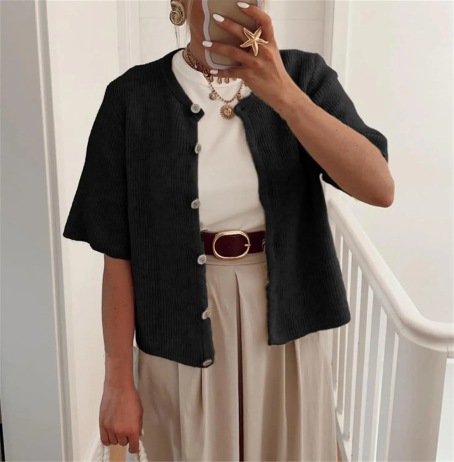 Women Knitted Crop Cardigan Shirt Short Sleeve Button Down Ribbed Knit Crop Top Y2k Girls Outwear Top Tee Shirt