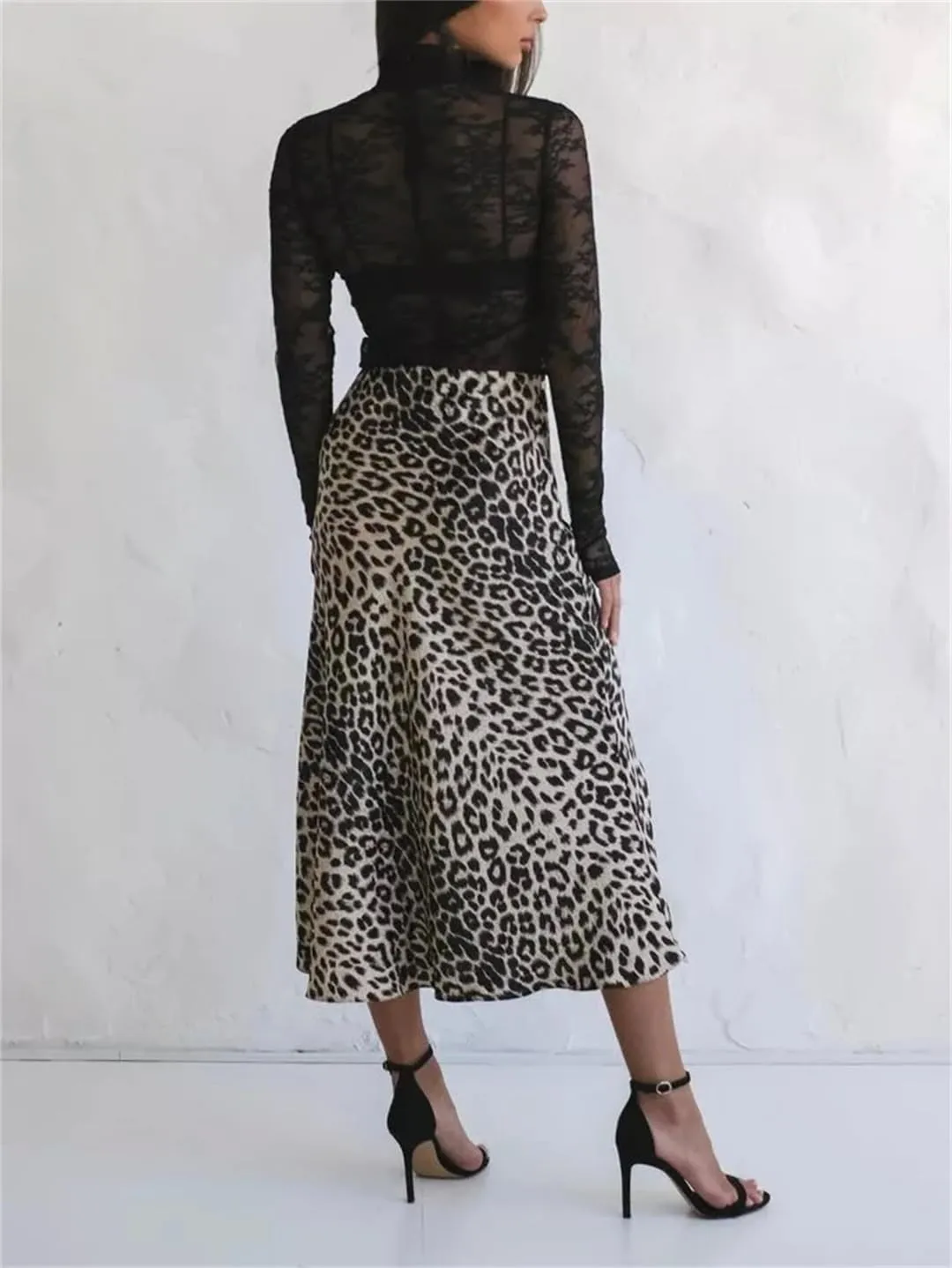 Women Leopard Satin Skirt Elastic High Waist Slim Office Skirts Vintage Long Skirt
