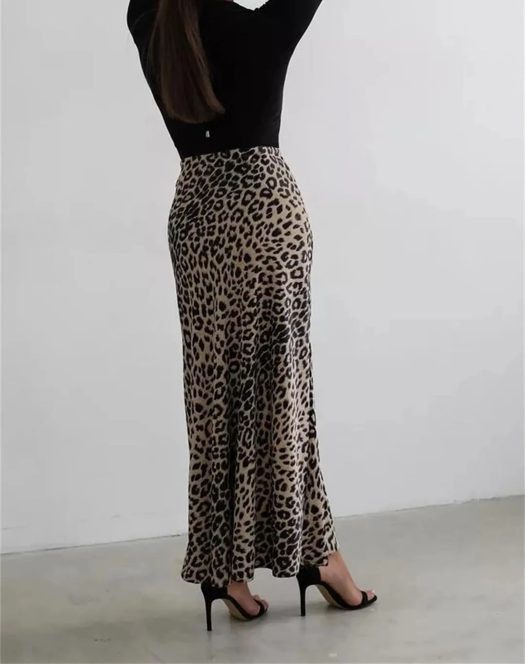 Women Leopard Satin Skirt Elastic High Waist Slim Office Skirts Vintage Long Skirt