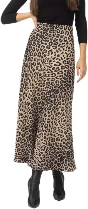 Women Leopard Satin Skirt Elastic High Waist Slim Office Skirts Vintage Long Skirt