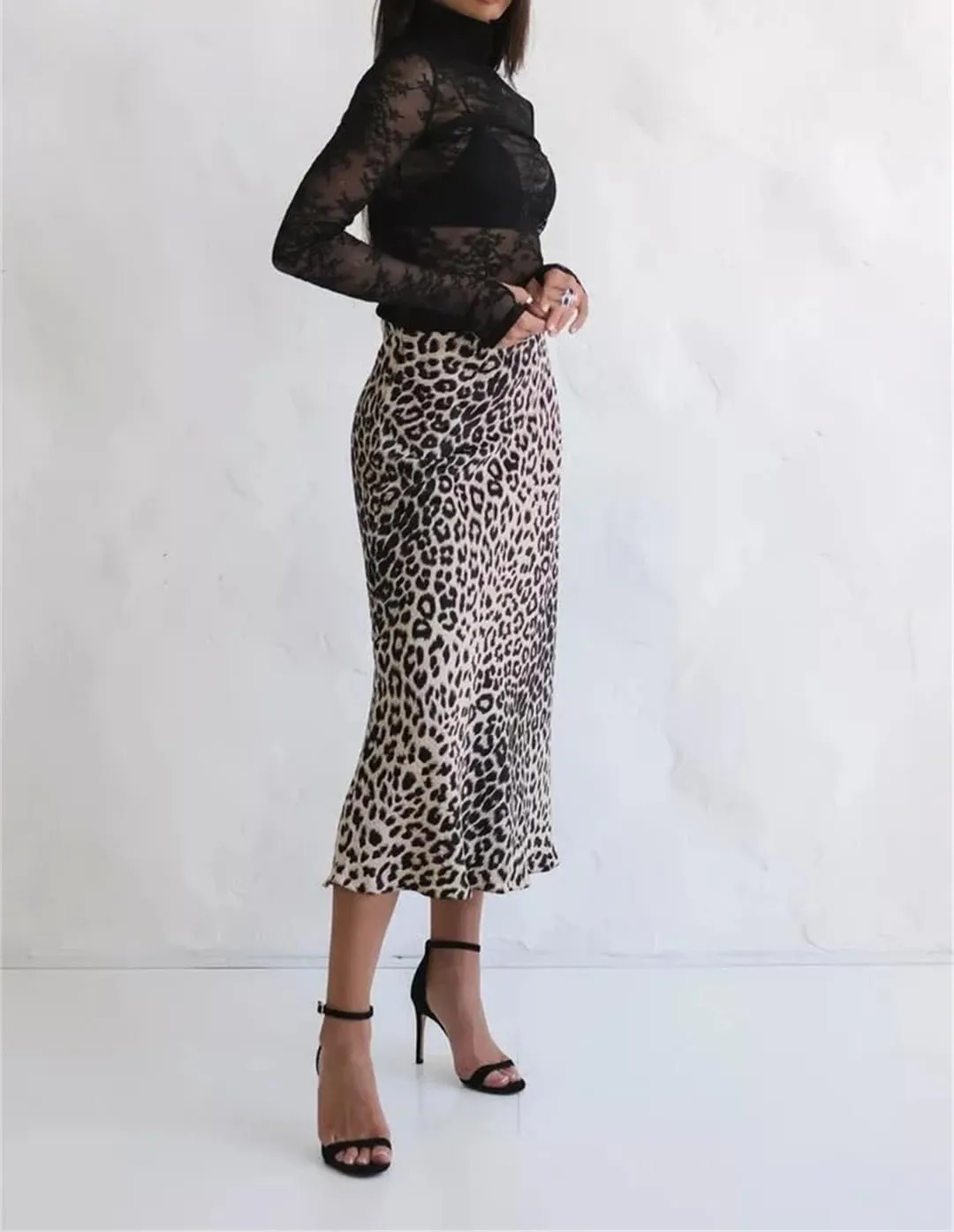 Women Leopard Satin Skirt Elastic High Waist Slim Office Skirts Vintage Long Skirt