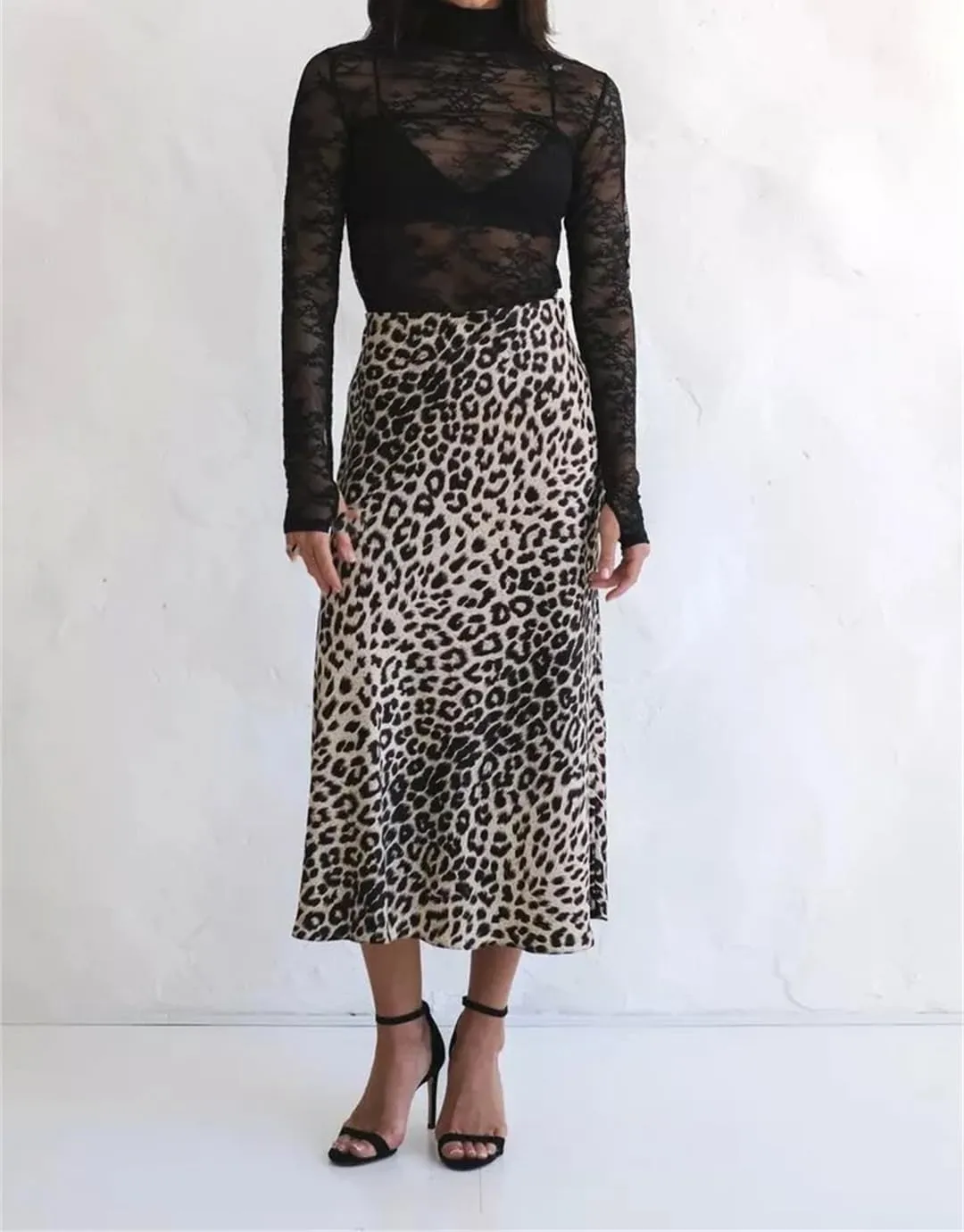 Women Leopard Satin Skirt Elastic High Waist Slim Office Skirts Vintage Long Skirt