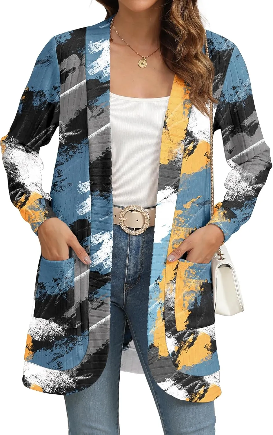 Women Long Sleeve Open Front Cardigan Casual Lightweight Long Cardigans Loose Knit Outwear with Pockets