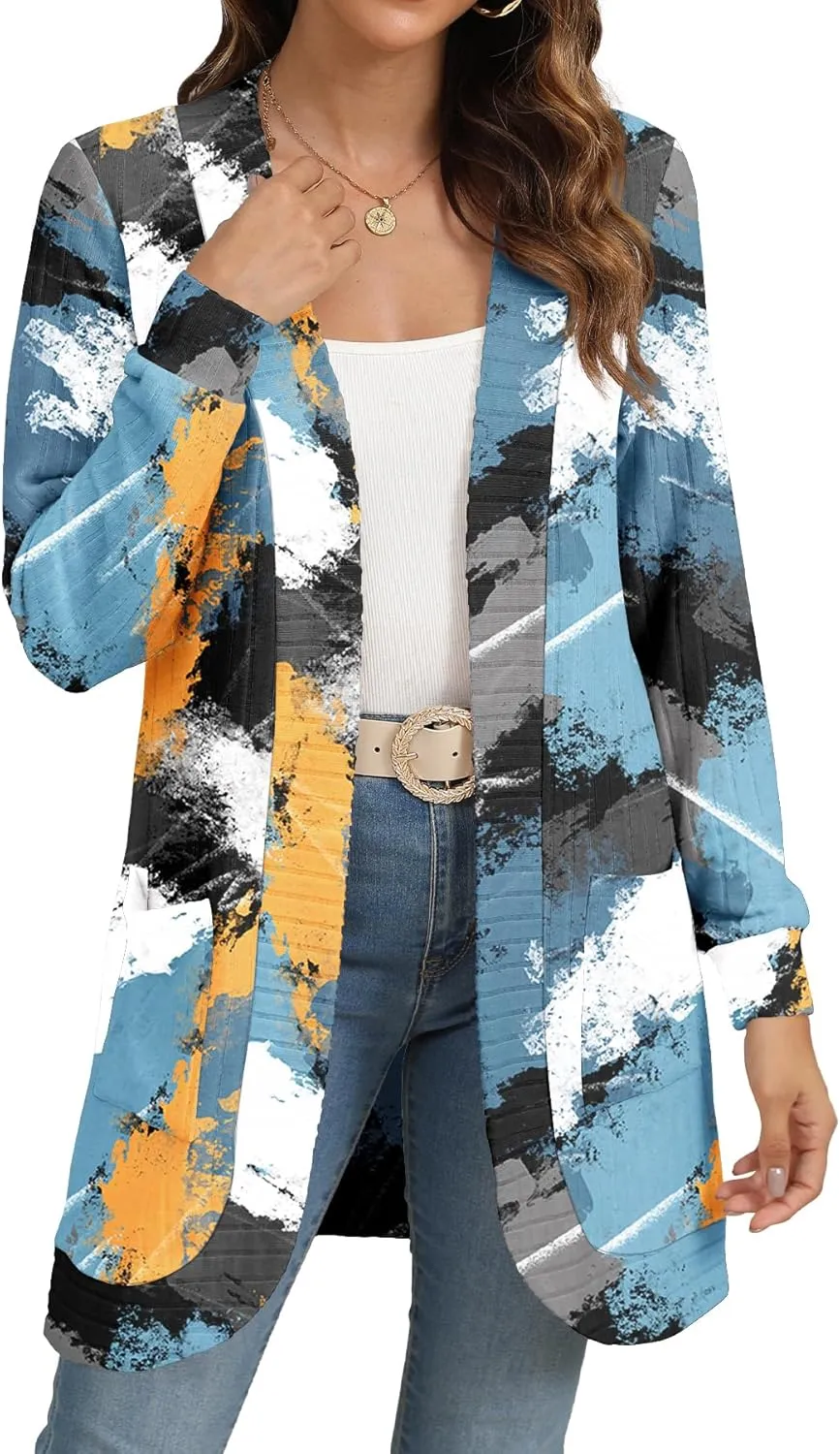 Women Long Sleeve Open Front Cardigan Casual Lightweight Long Cardigans Loose Knit Outwear with Pockets
