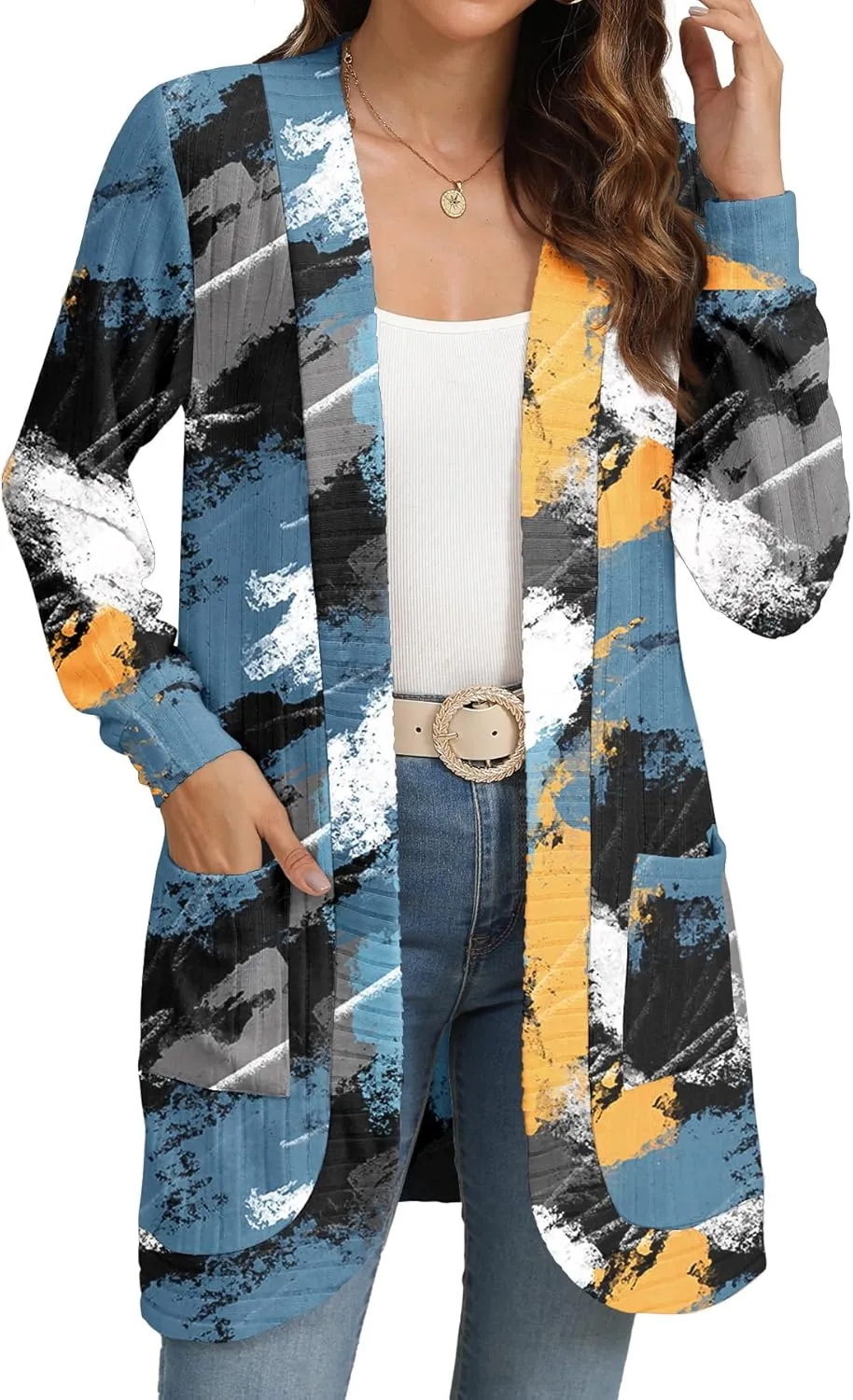 Women Long Sleeve Open Front Cardigan Casual Lightweight Long Cardigans Loose Knit Outwear with Pockets