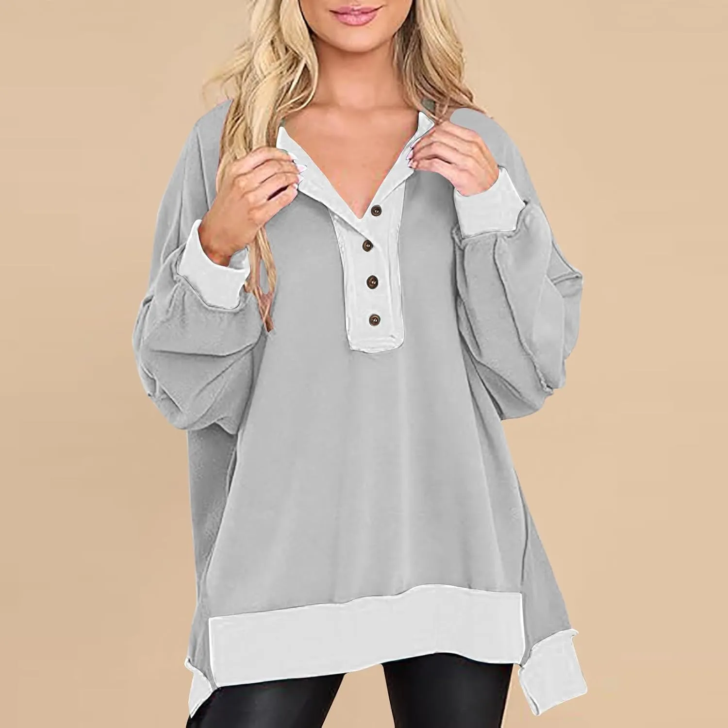 Women Long Sleeve Splicing Pullover Plain Color Tops Lightweight Sweatshirts Loose Fit Top Workout Shirts Outdoors