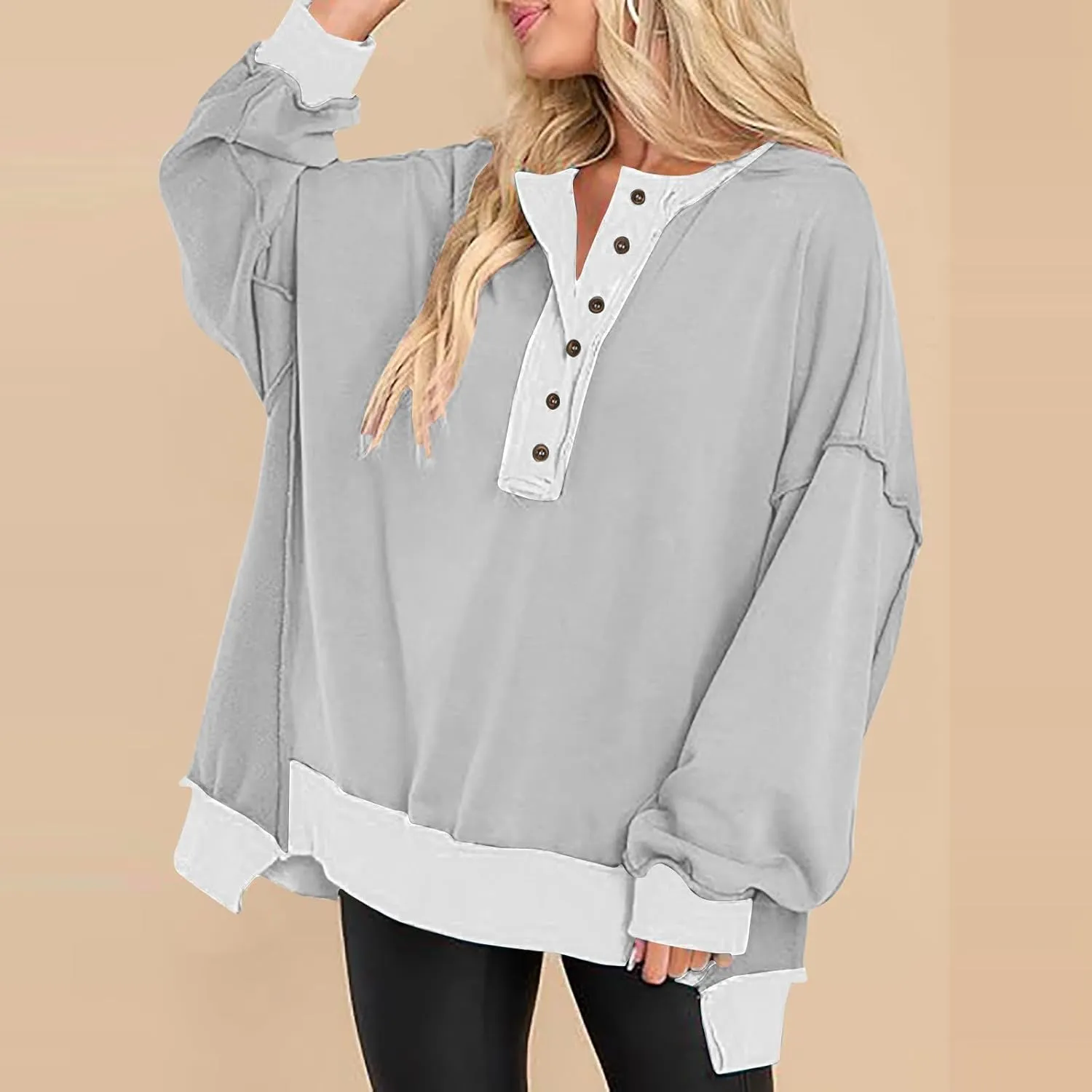 Women Long Sleeve Splicing Pullover Plain Color Tops Lightweight Sweatshirts Loose Fit Top Workout Shirts Outdoors