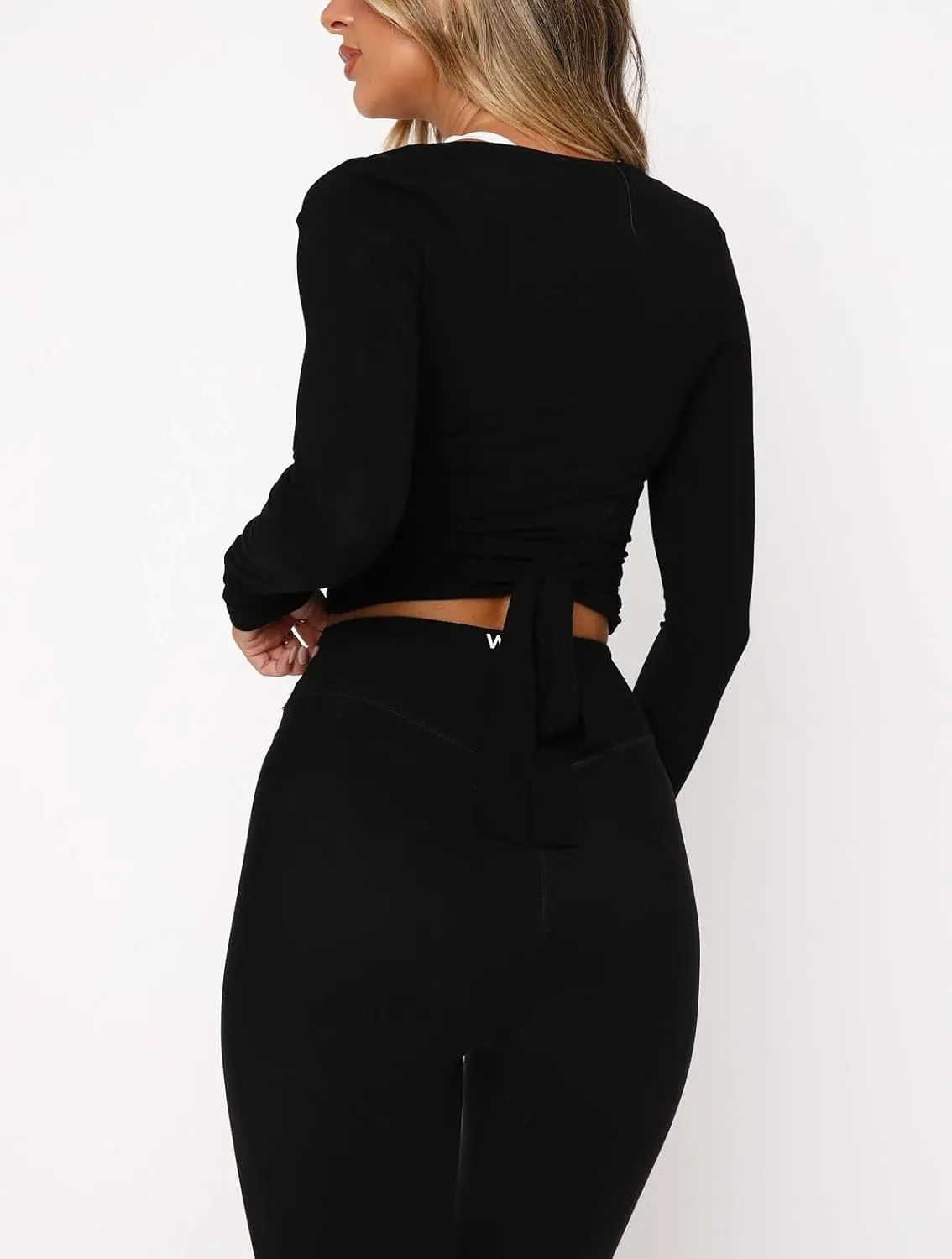 Women Pilates Wrap Workout Top Cross Tie Long Sleeve Crop Tops Ballet Deep V Neck Yoga Shirt Summer