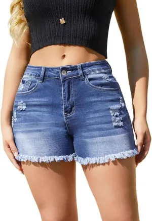 Women Plus Size Jean Shorts Sexy Stretchy High Waisted Frayed Raw Hem Denim Shorts Plus Size Sexy Jean