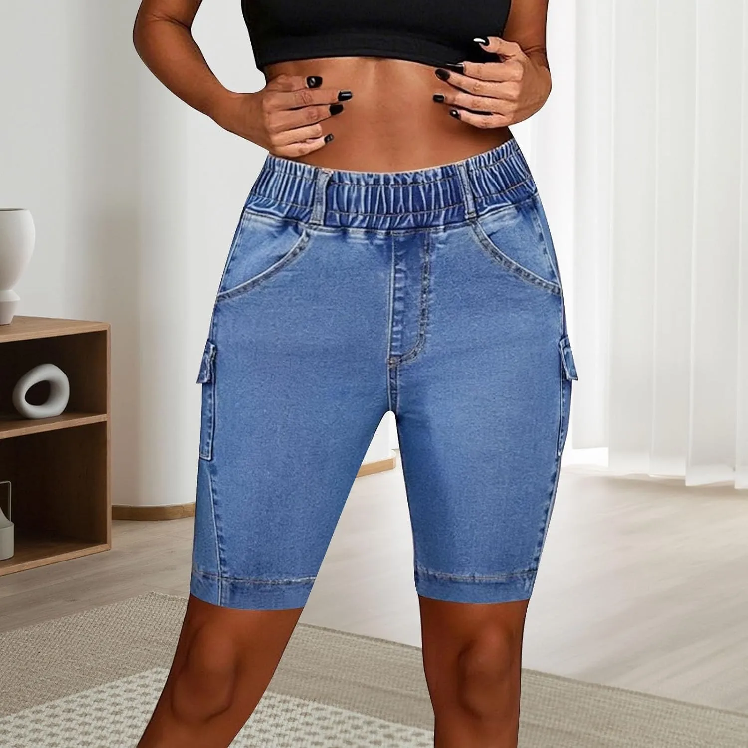 Women Plus Size Jean Shorts Sexy Stretchy High Waisted Frayed Raw Hem Denim Shorts Plus Size Sexy Jean