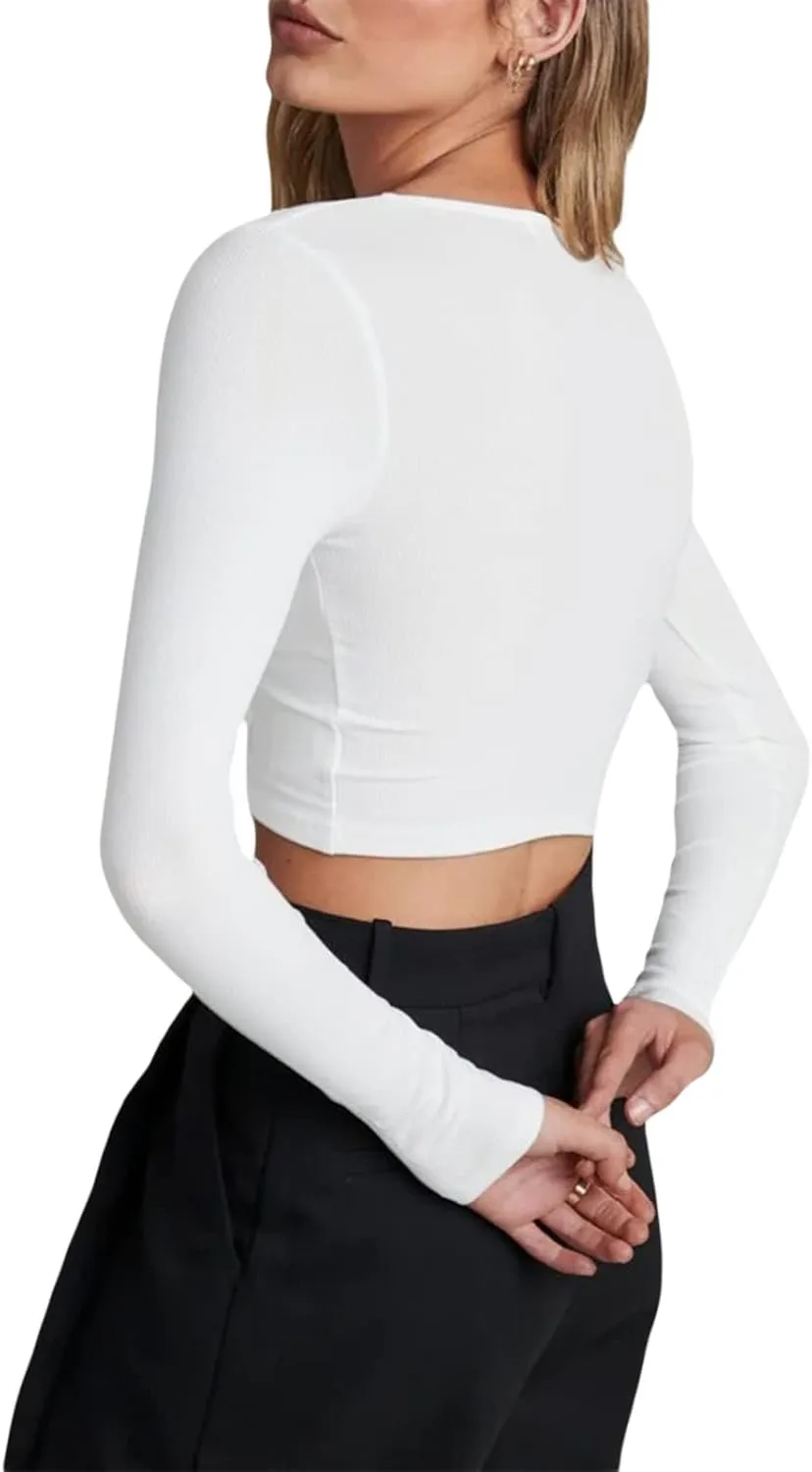 Women Rib Knitted Long Sleeve Shirt Top V Neck Button Front Cropped T-Shirt Slim Fit Going Out Y2k Tee Tops
