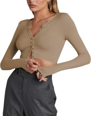Women Rib Knitted Long Sleeve Shirt Top V Neck Button Front Cropped T-Shirt Slim Fit Going Out Y2k Tee Tops