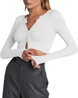 Women Rib Knitted Long Sleeve Shirt Top V Neck Button Front Cropped T-Shirt Slim Fit Going Out Y2k Tee Tops