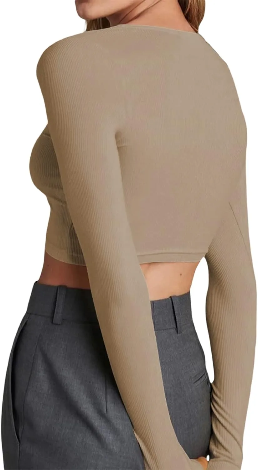 Women Rib Knitted Long Sleeve Shirt Top V Neck Button Front Cropped T-Shirt Slim Fit Going Out Y2k Tee Tops
