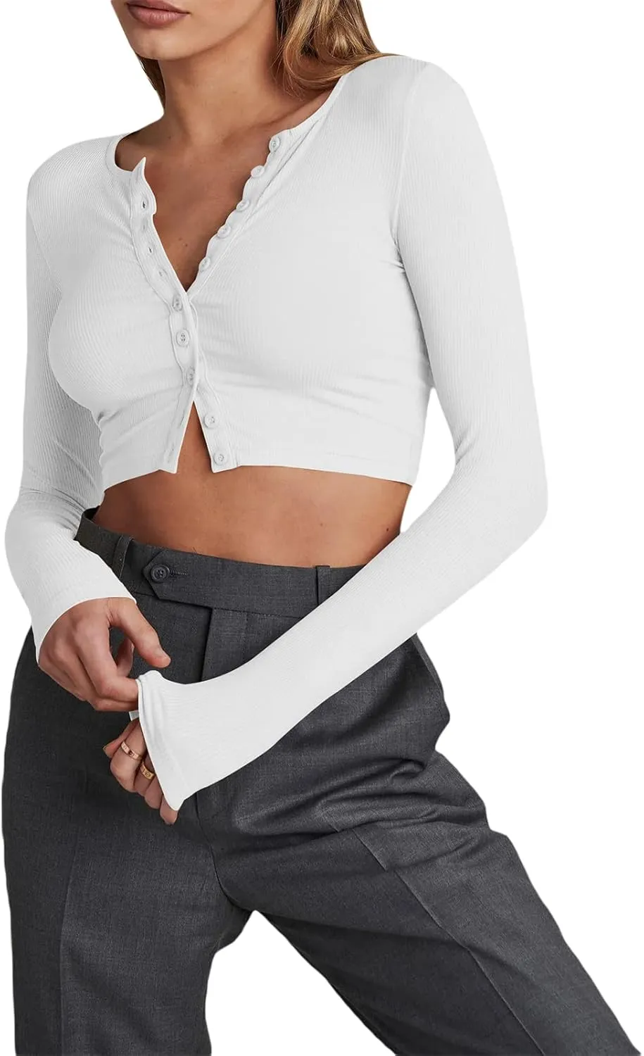 Women Rib Knitted Long Sleeve Shirt Top V Neck Button Front Cropped T-Shirt Slim Fit Going Out Y2k Tee Tops