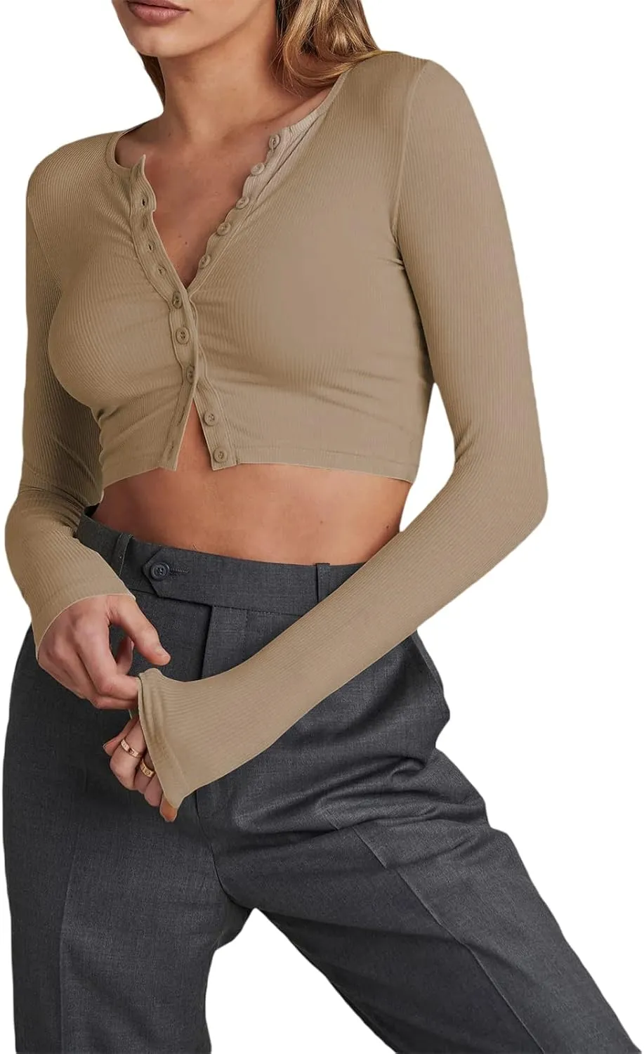 Women Rib Knitted Long Sleeve Shirt Top V Neck Button Front Cropped T-Shirt Slim Fit Going Out Y2k Tee Tops